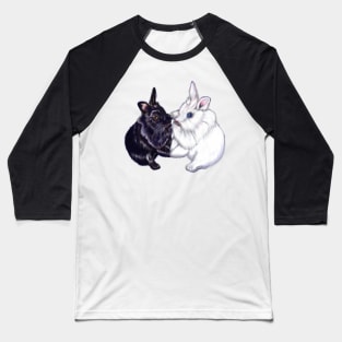 of bunny rabbits pair of cute furry ebony and snow colored coloured lionhead bunny rabbit Baseball T-Shirt